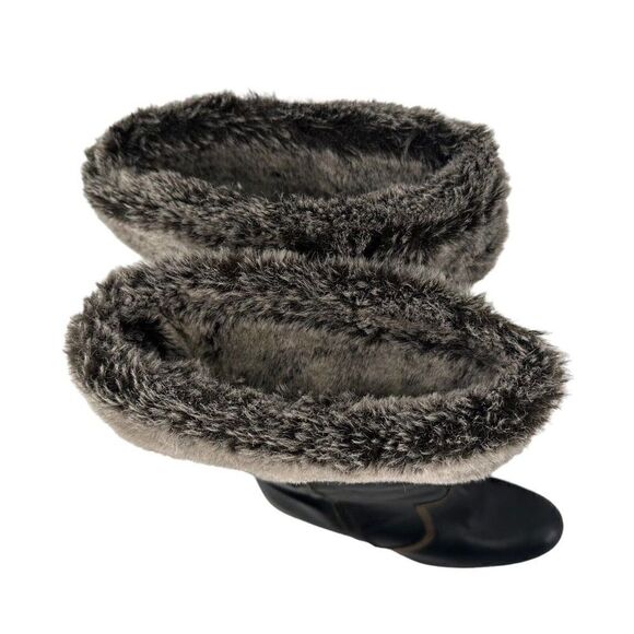 Timberland Monogram Tall Boots Faux Fur Lined Black Leather Size 9 Wedge Heel - Picture 2 of 13